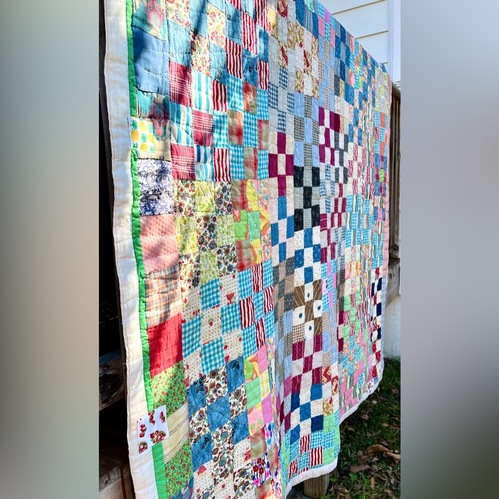 Colorful NineSquares Quilt! Antique Quilt Mended and Renewed!